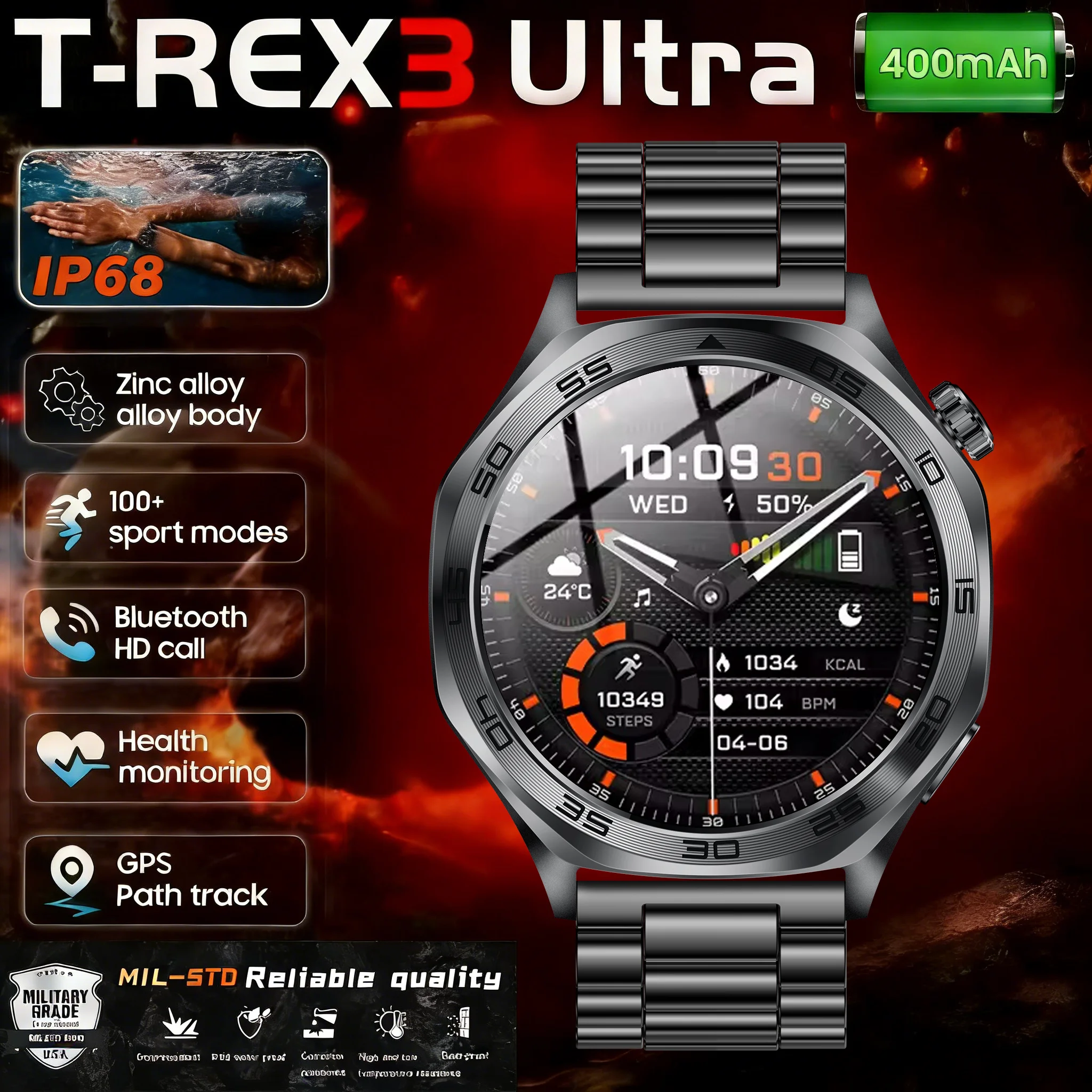 

2026 Новые военные T-Rex3 GPS спортивные умные часы мужские 3ATM водонепроницаемые GPS компас высотомер 1,46 "AMOLED экран BT Call Smartwatch