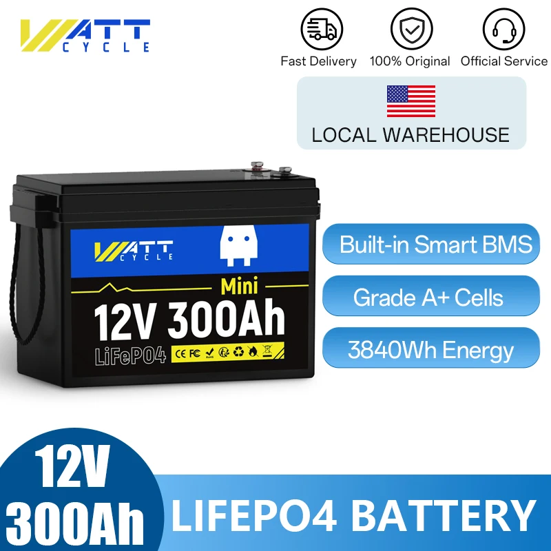 Wattcycle 12V 300Ah Mini LiFePO4 Battery Low Temperature Protection Portable Rechargeable Power For RV/ Vans/ Golf Cart, etc