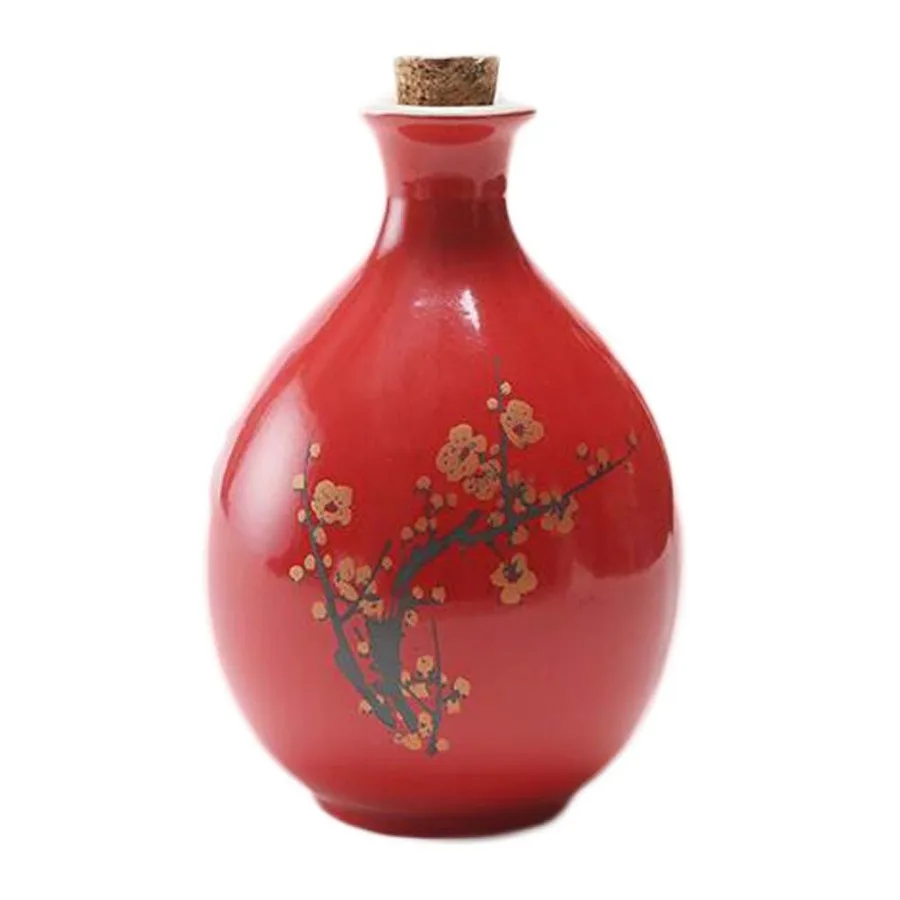 

17oz Red Ceramic Wine Jar Chinese Style Empty Wine Flask Plum Blossom Wine Bottle Small Flagon