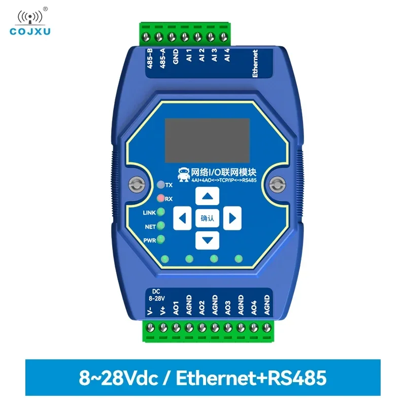 

COJXU ME31-XAXA0404 DC 8-28 В Modbus TCP/RTU Сетевой модуль ввода-вывода 4AI + 4AO 0-20 мА/4-20 мА RJ45 RS485 Modbus Шлюз OLED-дисплей