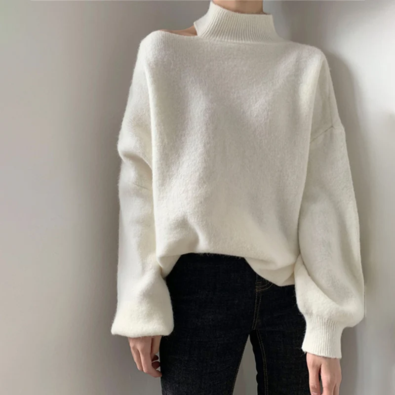 

2025 Sexy One Shoulder Pullovers Sweaters Women Korean Niche Half-High Collar Tops Autumn Irregular Loose Long Sleeve Knitwear