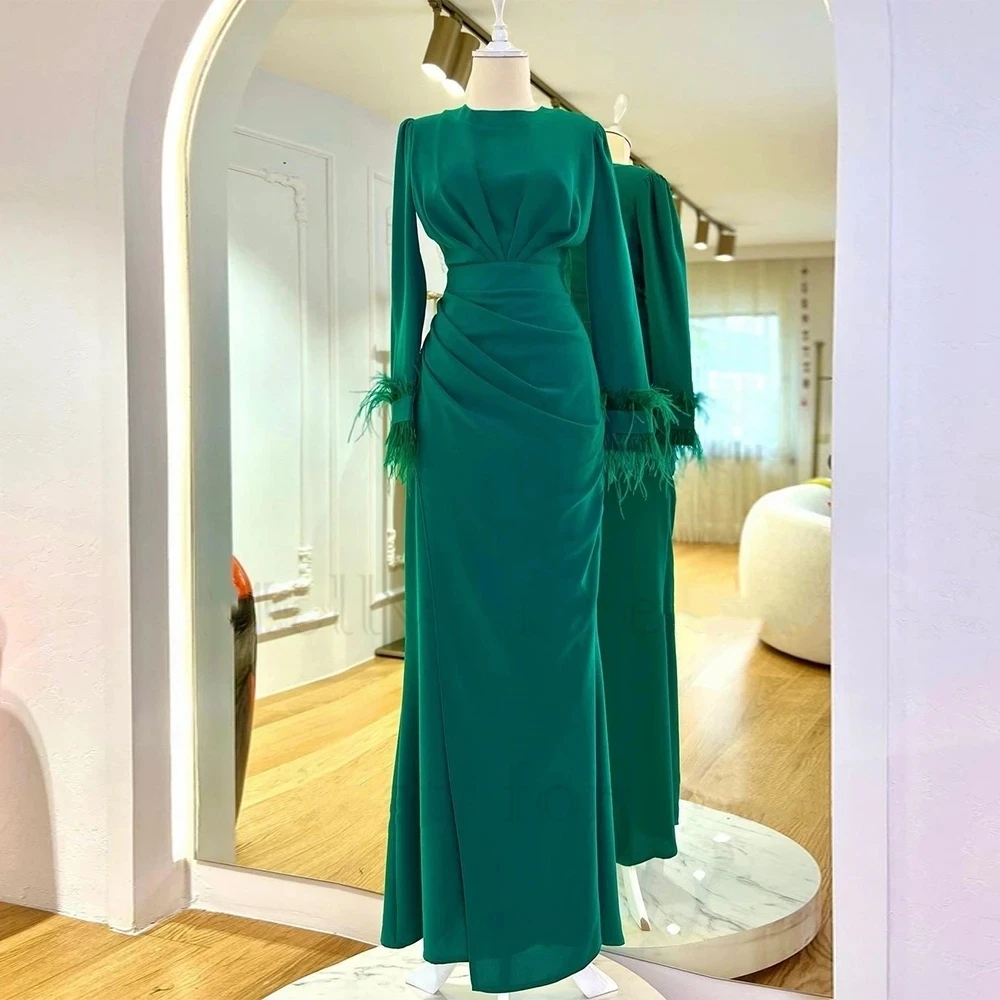 Fashion Green Chiffon O-Neck Long Sleeves Mermaid Feather Floor-Length Evening Dresses Pleated Long Prom Gowns 2024 For Women