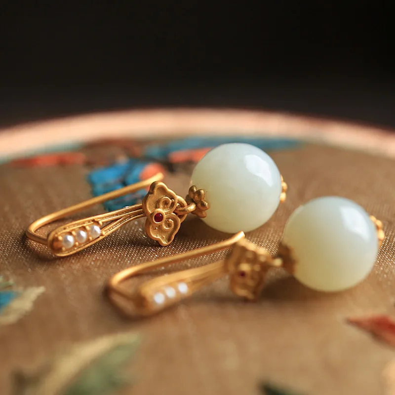 Original Ruyi natural Hotan Jade beads earrings for women Vintage inlaid pearl Eardrop high-level Ancient gold craft jewelry