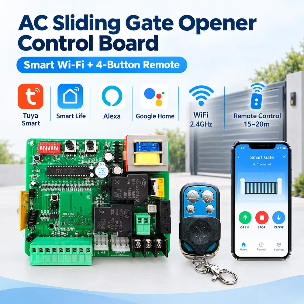 220V-230V AC Tuya WiFi Sliding Gate Opener Control Board Motor Controller 433MHz Remote Control Circuit Board