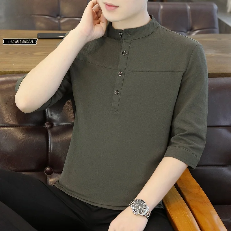 

Мужская свободная повседневная футболка из чистого хлопка с коротким рукавом, летняя одежда, дизайн с пуговицами, тонкая модель, не мнется
