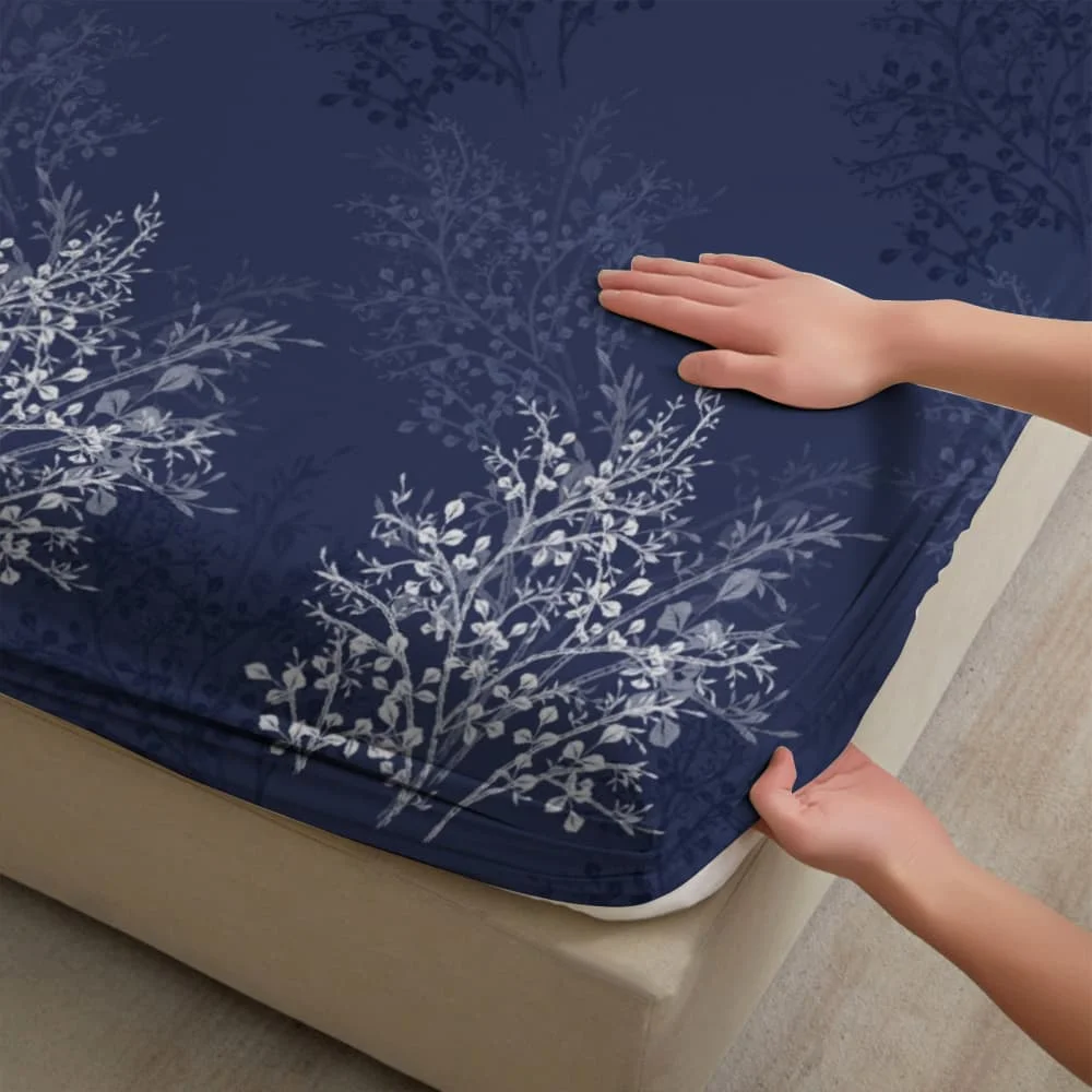 1pc Elegant Navy & Silver Botanical Print Fitted Sheet Deep Pocket Elastic Mattress Cover Single Double Queen King Bedroom Decor