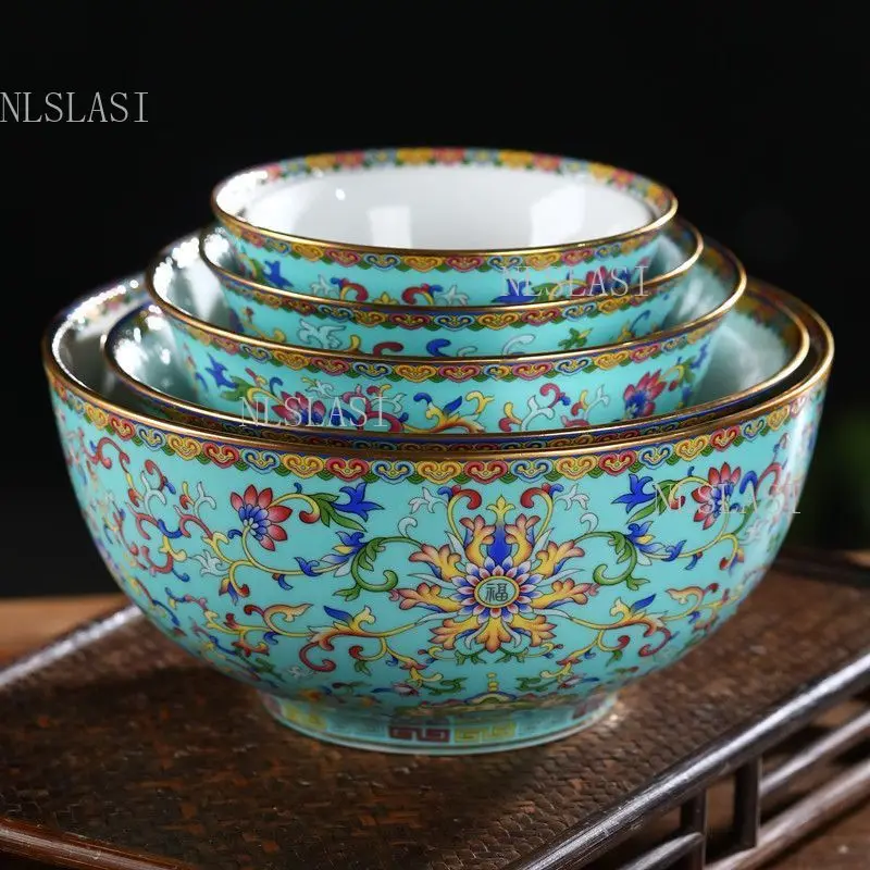 Turquoise Enamel Floral Porcelain Bowl Gilded Rim Vintage Chinese Ceramic Footed Bowl Multi Sizes Available Dining Table Decor