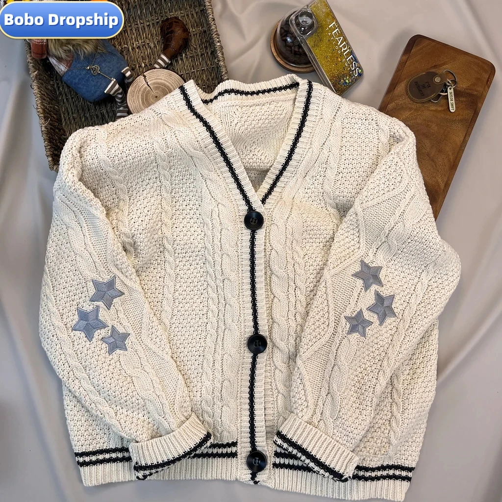 Cárdigan Beige cálido de punto Vintage para mujer, suéter de estrella Y2k, ajuste suelto, mangas largas, prendas de punto para vacaciones, Otoño e Invierno