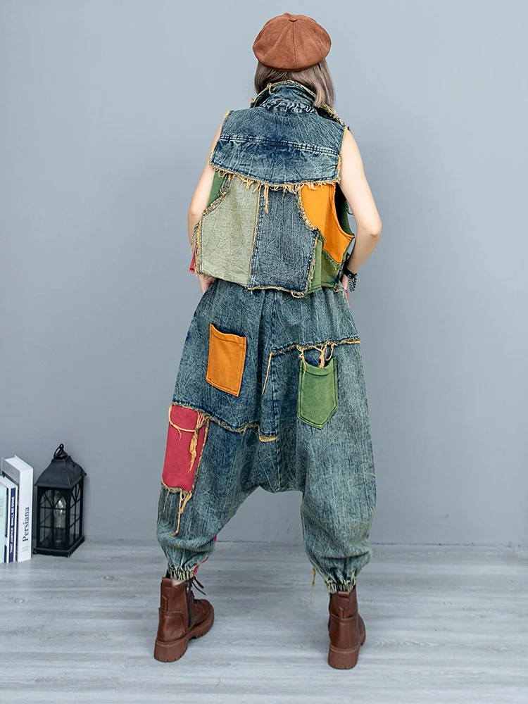 New Personalized Fashion Set Women\'s Contrast Old Sleeveless Denim Vest Harem Pants Patchwork Streetwear Straight Two Piece Set