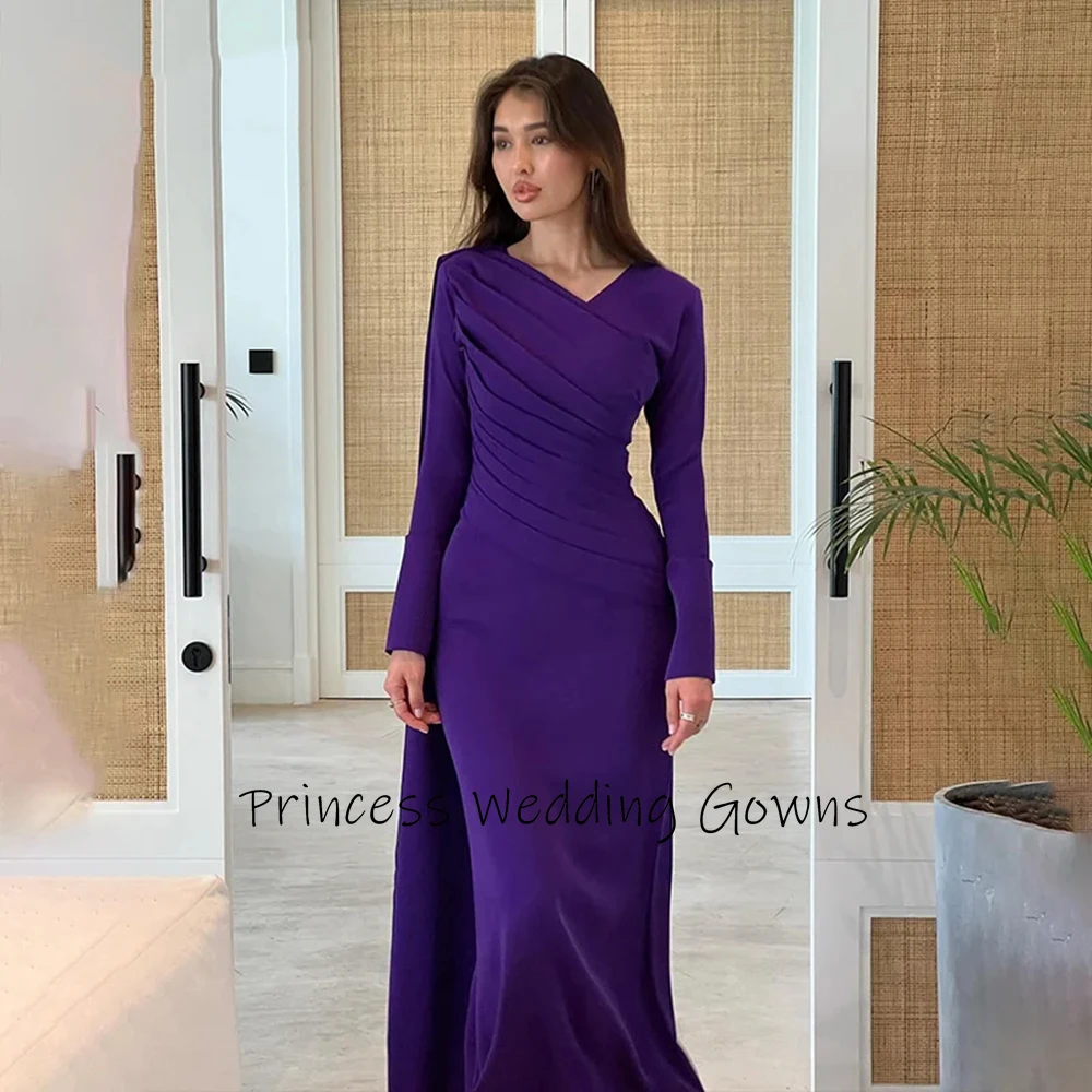 Customized Elegant High Quality Purple Evening Dresses V-Neck Ruffle Party Prom Dress Ankle Length Formal Occasion Gowns