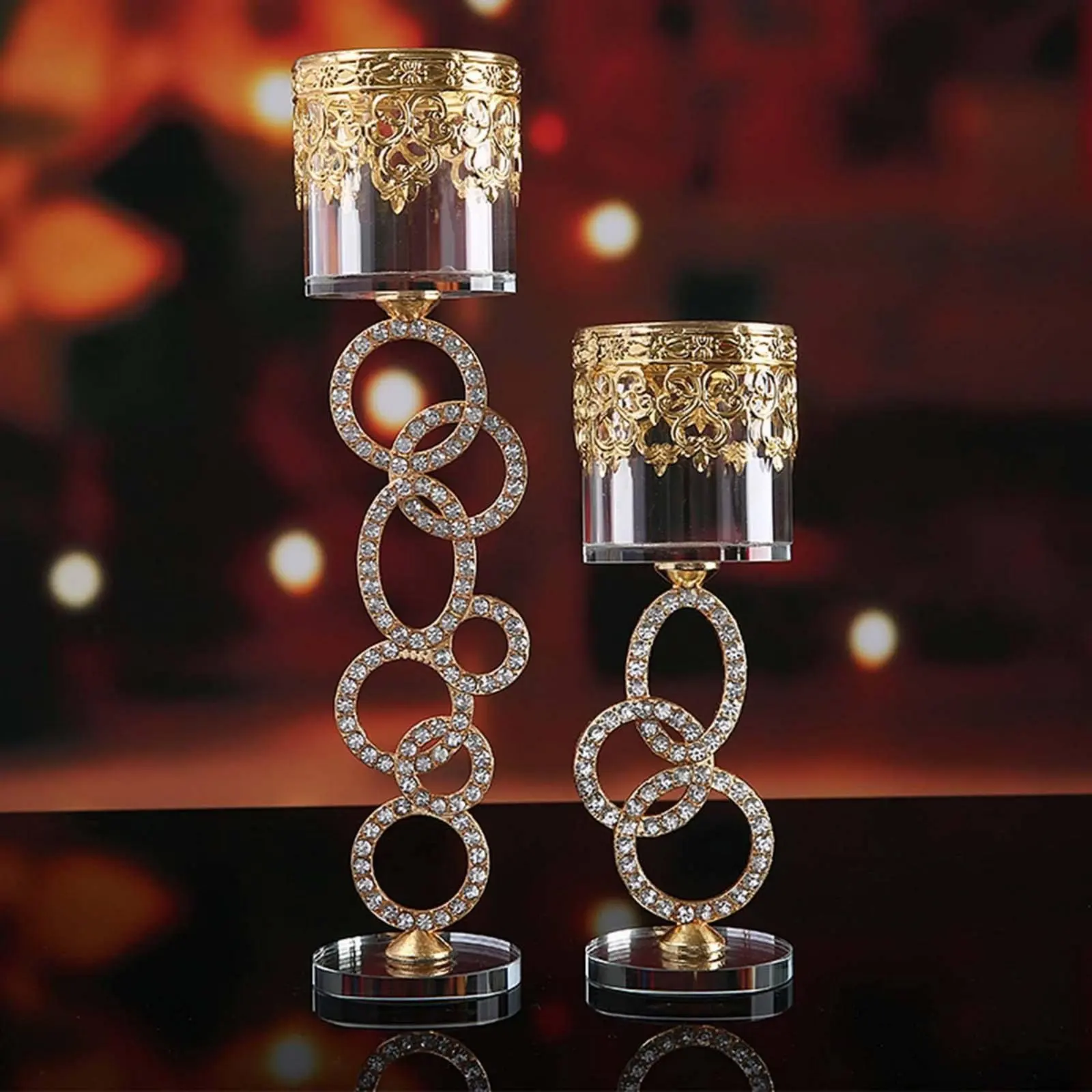 2 Pieces Crystal Metal Candle Holder Set Hollow-Carved Design Decorative Table Centerpiece for Wedding, Party view 2