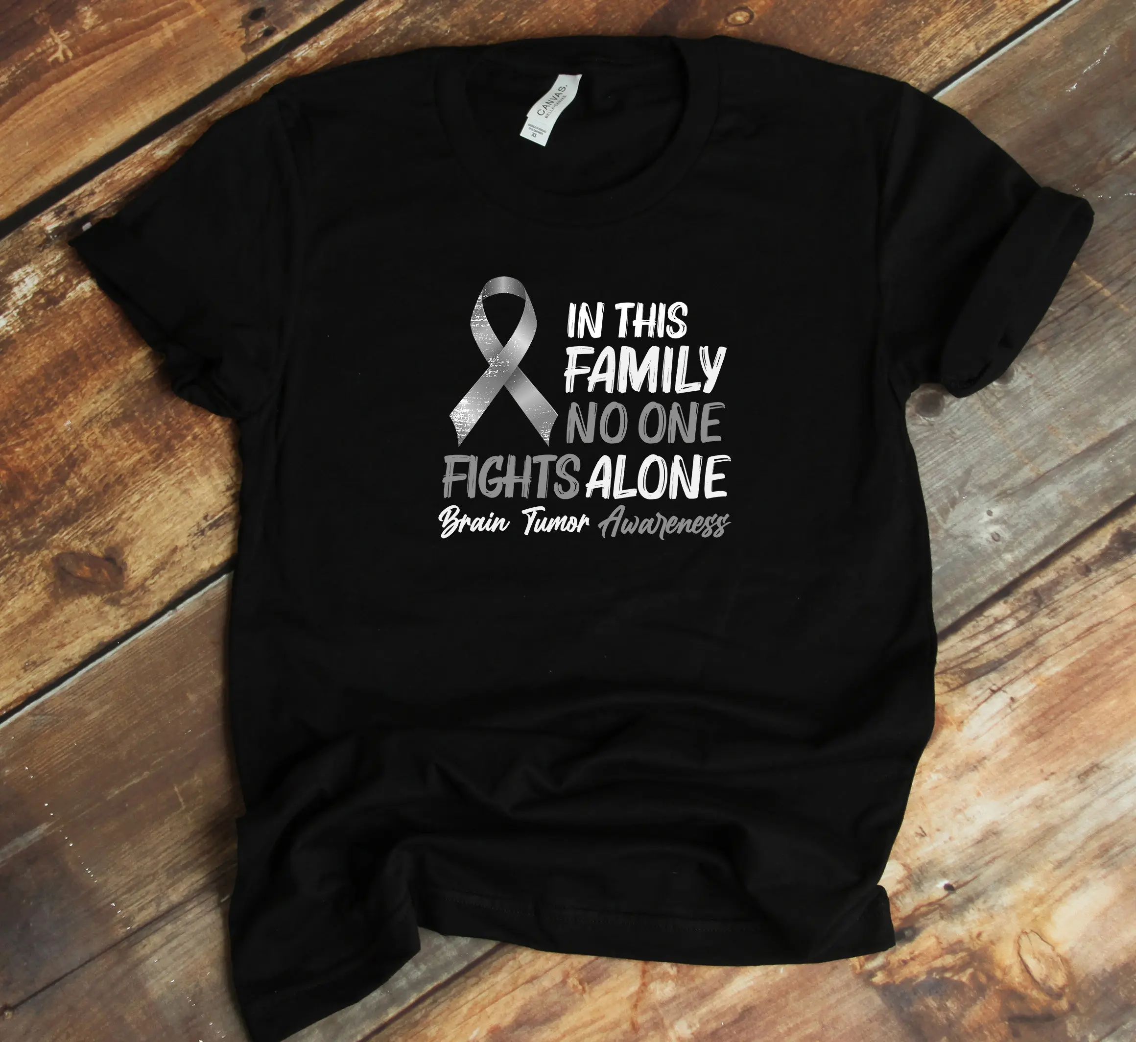 Brain Cancer Awareness T Shirt No One Fights Alone Grey Ribbon Tumor Survivor Support