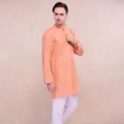 Traditional Indian Men Kurta Shirt Spring Blouse Long Thin Orange Cotton Tops