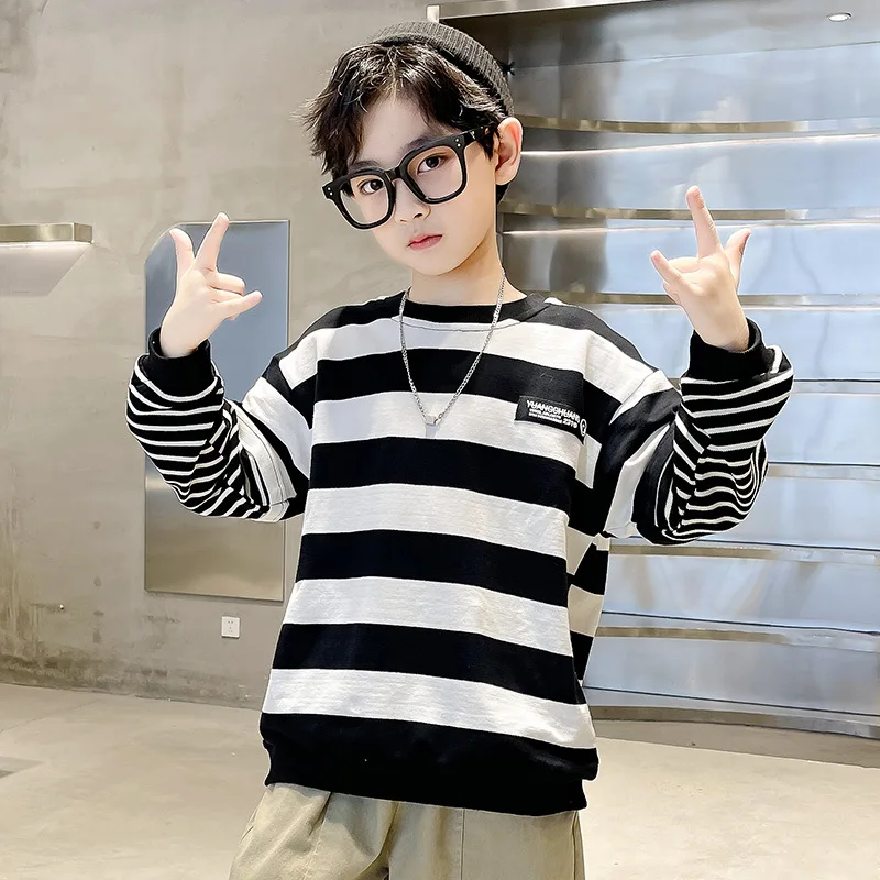 2022 New Boys Sweatshirts 5-14Yrs Spring Autumn Black White Striped Cotton Tops Kids Pullover Casual Clothes Children Outerwear