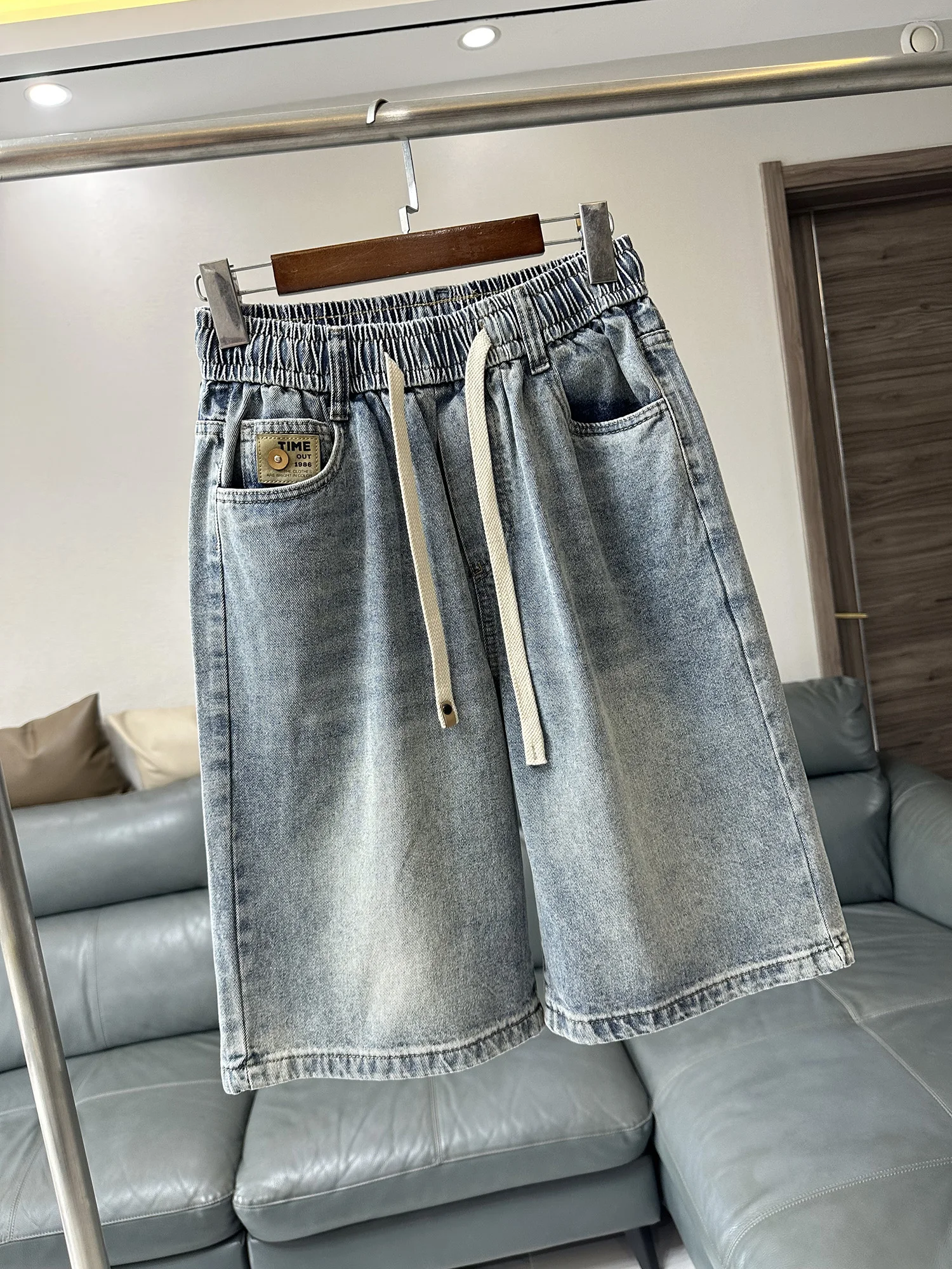 Retro Faded Denim Elastic Waist Loose Fit Summer Shorts Men's Casual Straight Leg Cotton Stretchy Slimming Effect