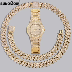 Hip Hop Men Cuban Link Chain Bracelet With Wrist Watches Bling Iced Out Chain Full Rhinestone Paved Crystal Bracelets Jewellery