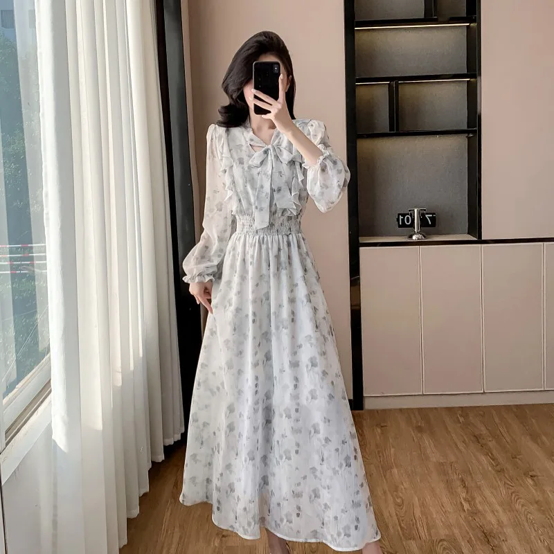 Women Floral Chiffon Maxi Dress Long Sleeve Bow Neck Smocked Waist A Line Elegant Casual Party Vacation Dress