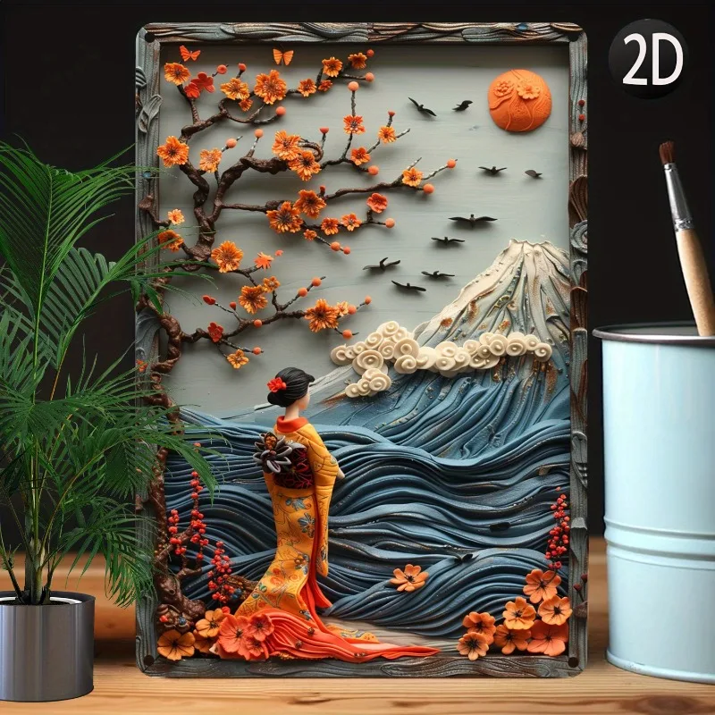 Aluminum Wall Art Decor Set, Japanese Kimono Woman, Moisture Resistant Metal Sign, 8x12 Inches High Bending Resistance, 2D Flat