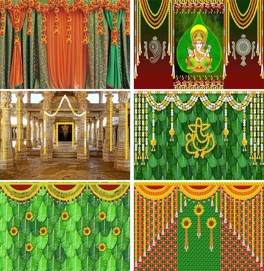 Green Orange Curtain Backdrop for Wedding Ceremony Retro Indian Style Curtain Photo Backdrop Happy Birthday Baby Shower Decor