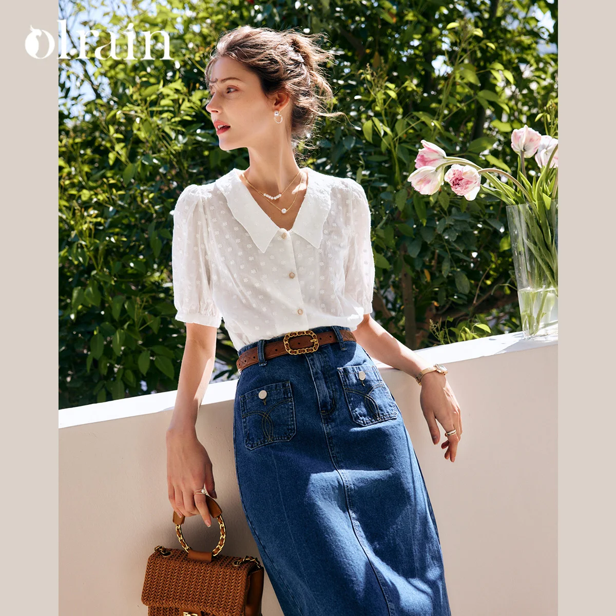 

OLrain Women Polka Dot Shirts 2025 Spring New Retro Embroidery Short Sleeve Blouse Cotton Bubble Sleeves Lapel Top O22XC61100