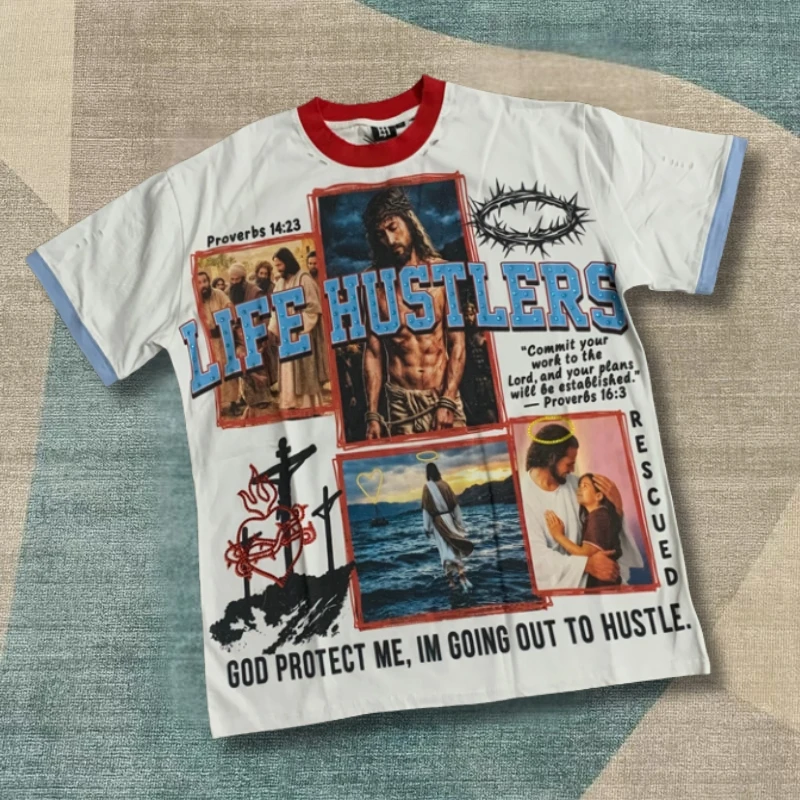 God Poster Portrait Print Blue Hotfix Rhinestone Letter Life Hustlers Tshirt Red Contrasting Round Neck Short Sleeve Men Women