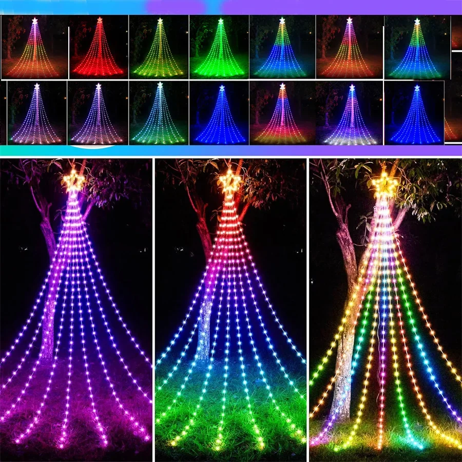 Outdoor 305 LED Christmas Star String Light 9X3M RGB Waterfall Tree String Light with APP Remote Control DIY Shooting Star Light