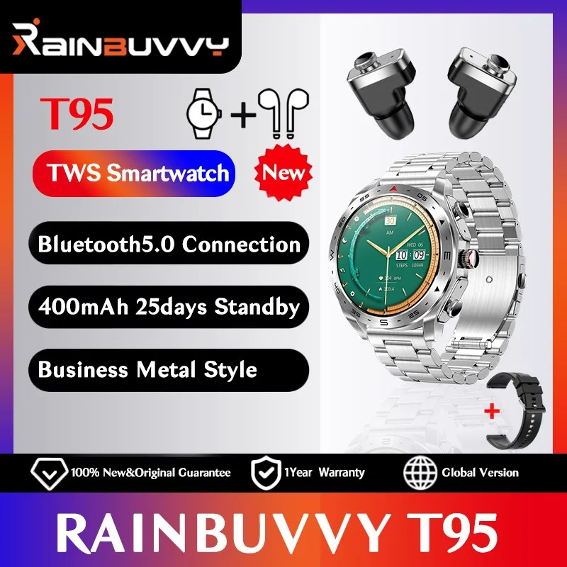 Rainbuvvy T95 TWS Smart Watch 2 in 1 With Earbuds HIFI Earbuds SmartWatch With Speaker Tracker Music Man Sports Watch