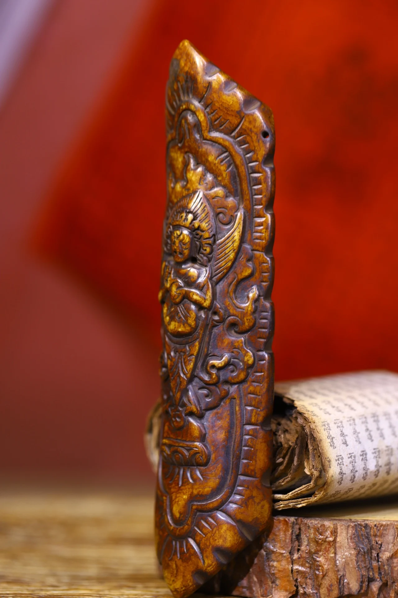 Pingente/Amuleto de 6 polegadas, Coleção de Templo Tibetano, Antigo, de Cinábrio Natural, com Kabbalah, Gabala, Puba, Vajra, Placa de Vestimenta de Buda e Cartão de Buda
