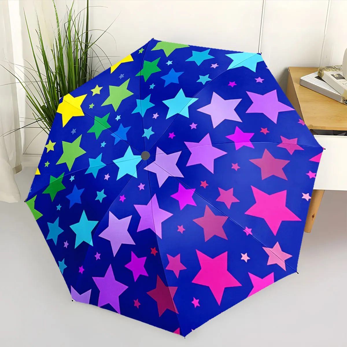 Colorful Stars Pattern On Dark Blue Background Umbrella portable waterproof sun rain umbrella for outdoor travel beach