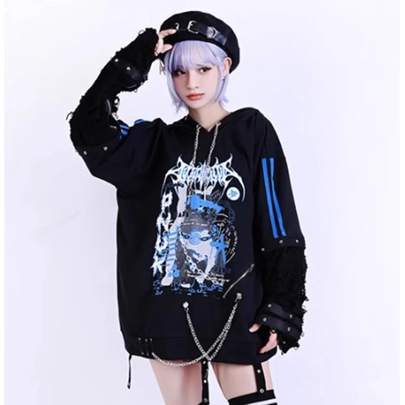 2024 japanische süße Punk-Stil Kapuze Langarm Frauen Hoodie, Mädchen Reiß verschluss Katzen ohren Niet Ketten riemen Unisex Herren Hoodie