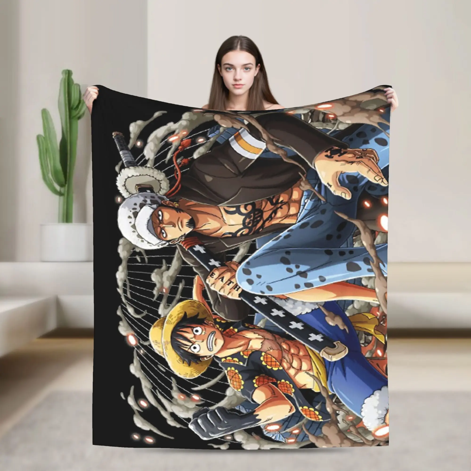 

Luffy and Law Flannel Throw Blankets One Piece Pirates Blankets for Sofa Bedroom Lightweight Thin Quilt