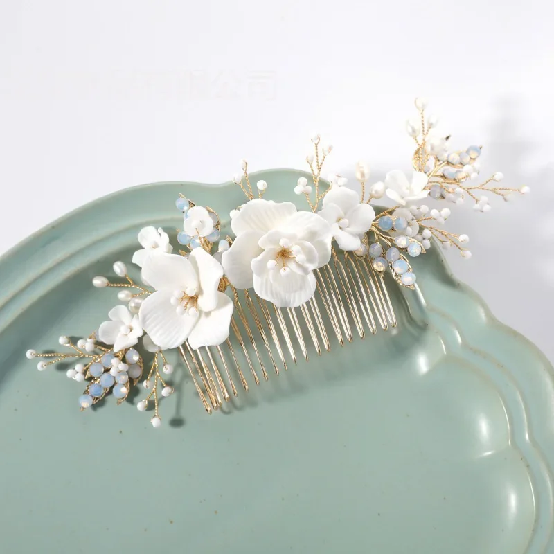 

Ins Ceramic Flower Pearls Wedding Hair Piece Jewelry Bridal Comb Gold Silver Color Fashion Women Crown Girls Headpiece