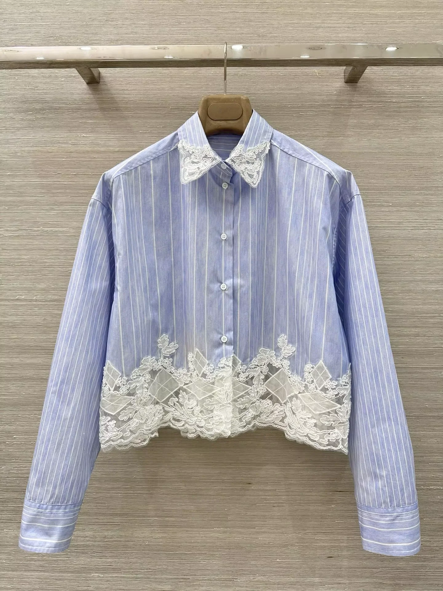 

Women's 100% Cotton Blue Striped Shirt Lace Embroidery Patchwork Turn-down Collar Long Sleeve Single Breasted Elegant Blouse