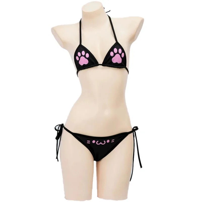 l2025l New Anime Kawaii Girl Cute Cat Paw Bikini Swimsuit Women Claw Pattern Three Point  Underwear Set Costume Cosplay