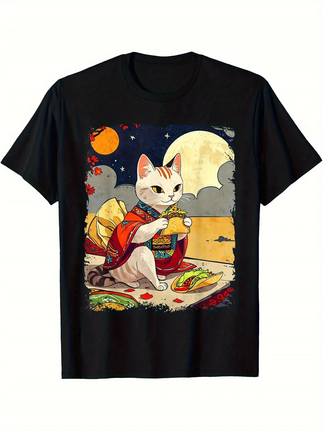 

Men's Anime Cat Eating Ramen Graphic T-Shirt Cute Japanese Manga T-Shirt with Full Moon Black Casual Shirt Suitable for Daily Wear and Themed Events Perfect Gift for Anime Lovers Anime Clothing Fan Merchandise Romantic Design Vivid Print Quality Street Fa