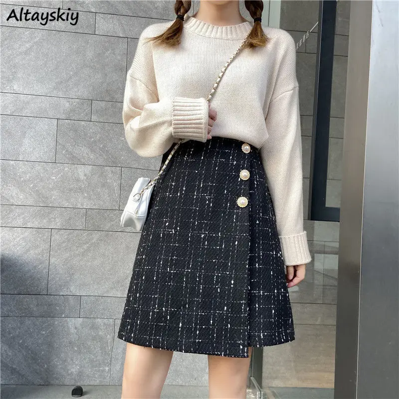 Plaid Skirts Women Chic Button High Waist All-match Fashiom Gentle Ulzzang A-line Girls Sweet Streetwear Cozy Hot Sale Casual