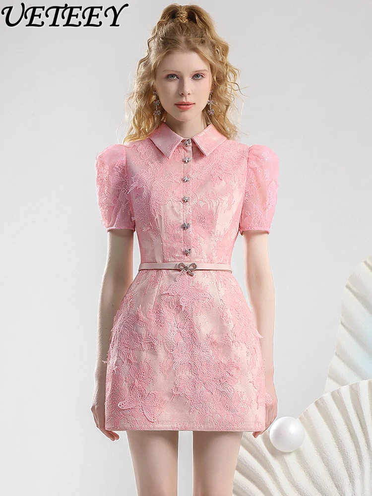 

Romantic Gentle Sweet Lady Pink Lace Midi Dresses for Women 2024 Summer New Niche Polo Collar Short Sleeve Commuter Mini Dress