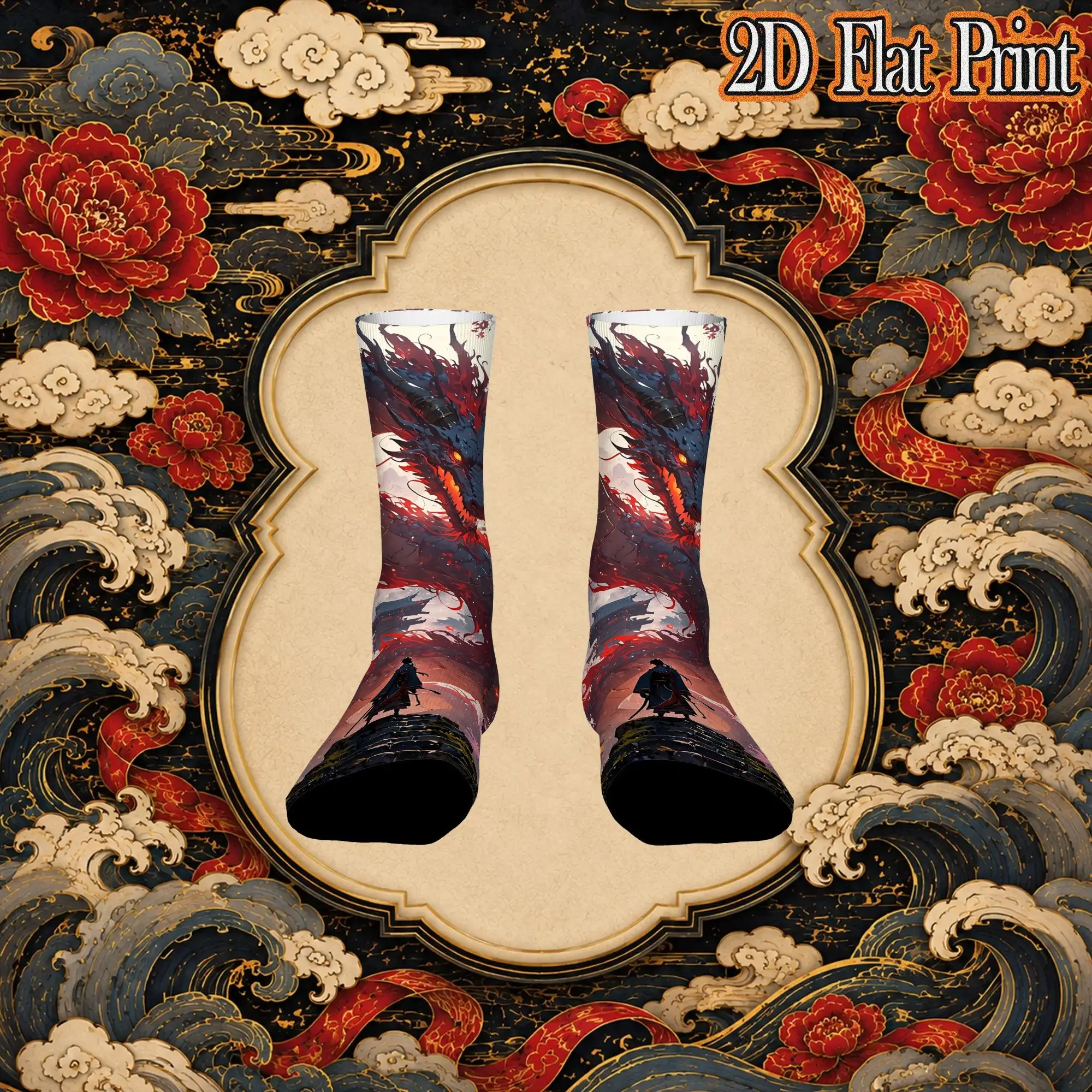 Chinese Cherry Blossom Dragon Graphic Retro  Hip Hop Novelty Seamless Crew Creative Sock Sports Socks