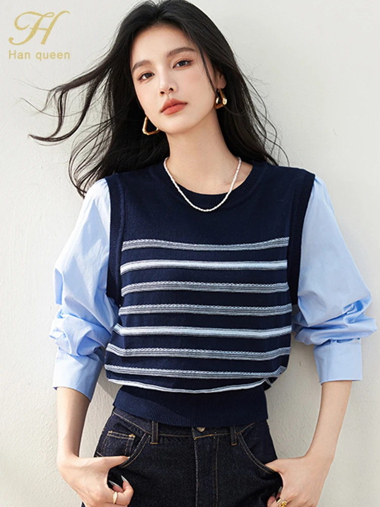 

H Han Queen Autumn Striped Knit Patchwork Loose Pullover Sweater Women's Vintage Work Casual Tops Elegant Long Sleeve Tee