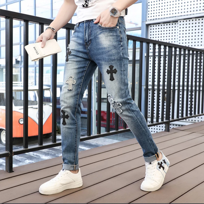 Jeans Streetwear Distressed Jeans Cross Design Veelzijdig Slim Fit Kleine Voet Lange Broek Lente Zomer Modemerk Broek