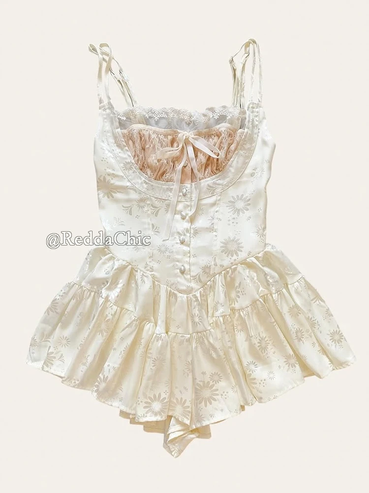 ReddaChic Mini Cami Dress with Built-in Shorts Spaghetti Straps Glossy Floral Women Satin Rompers One Piece Puffy Pants Party
