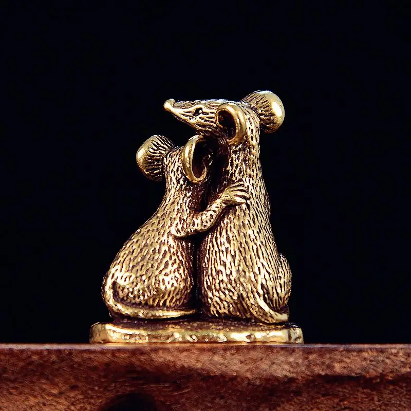 (BF06)1Pc Rat Small Statue Miniatures Desktop Ornament Antique Copper Love Mouse Figurine Living Room Home Decor Craft Accessory