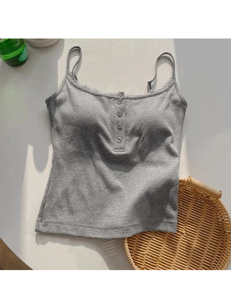 Lace Button Women's Tank Top 95 Cotton Underwear Slim Fit Base Layer Outerwear Summer Simple Style Pure Color Big Size