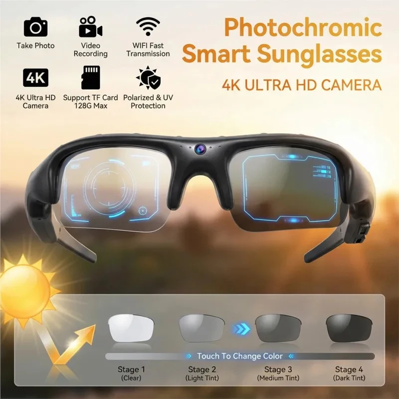 

Фотохромные умные солнцезащитные очки 4K HD с Wi-Fi, спортивная носимая камера для путешествий, велосипедов, записи вождения, видеоблогинга, поляризационные, UV400