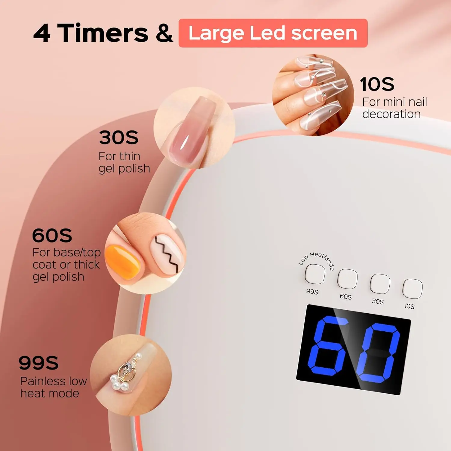 مصباح أظافر LED بالأشعة فوق البنفسجية بقدرة 60 وات مع تقنية السيراميك، معالجة سريعة بقاعدة معدنية وإضاءة محيطة