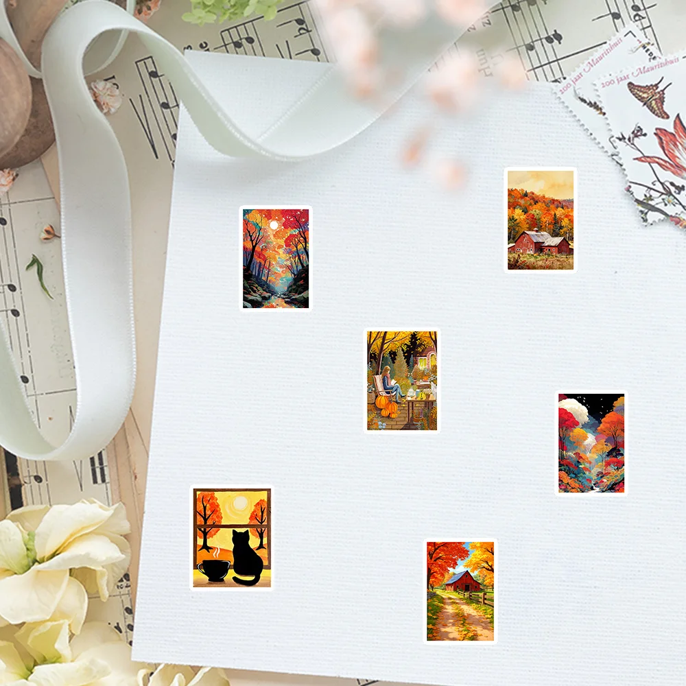 Autumn Fall Scenery Stickers Vinyl Golden Maple Pumpkin Cottage Forest Waterproof Decal for DIY Scrapbook Luggage Bottle Gift