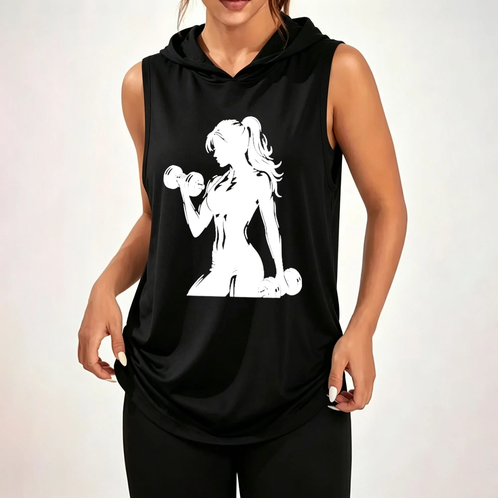Women's loose sleeveless hoodie, ponytail girl lifting dumbbells silhouette print, plus size sports top