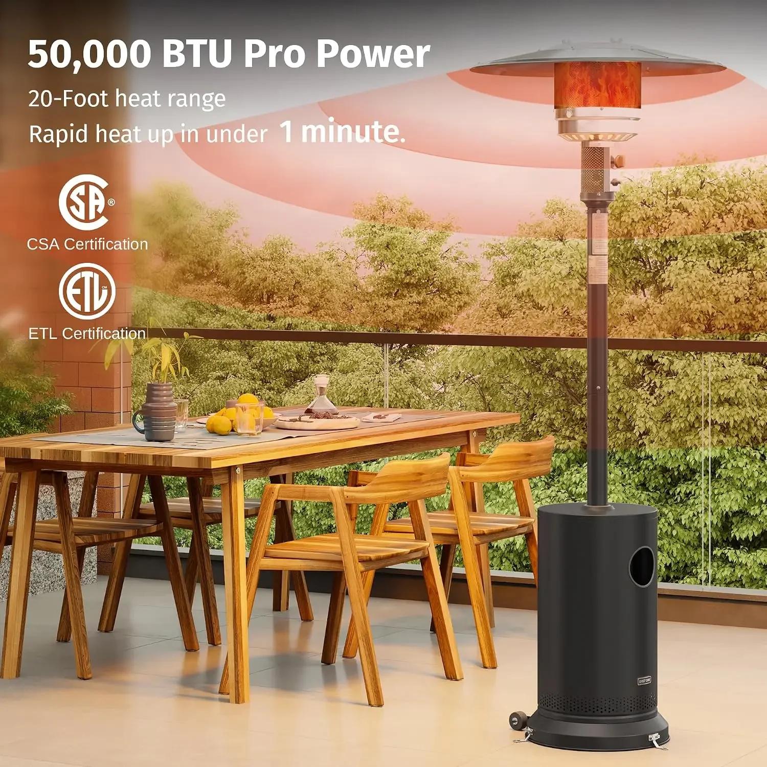 50,000 BTU Patio Heater for Outdoor Use with Round Table Design, Double-Layer Stainless Steel Burner, Wheels, Triple Protection