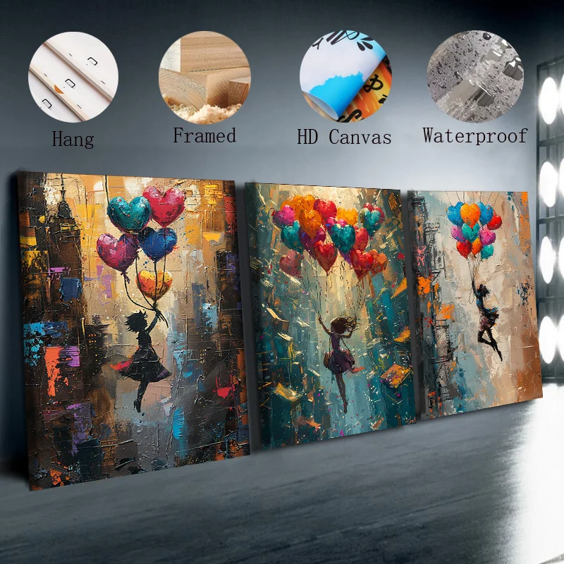 Framed Canvas Wall Art Painting 30x40cm (11.81x15.74inch)x3pcs girl is flying on colorful balloons for Home, Living Room, Coffee