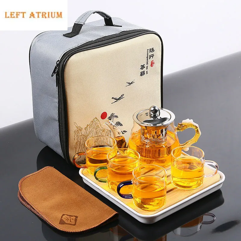 

Portable Chinese Gongfu Tea Set Heat Resisting Borosilicate Glass Teapot Tea Tray Teacups Sets A Pot Of Four Cups Gift Bag